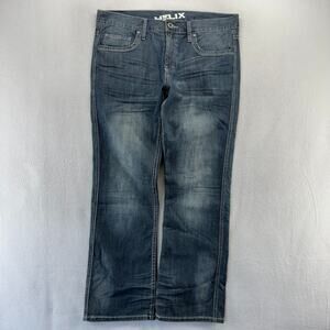 Helix Jeans Mens 34x30 Blue Dark Wash Boot Bootcut Baggy Whisker Vintage y2k